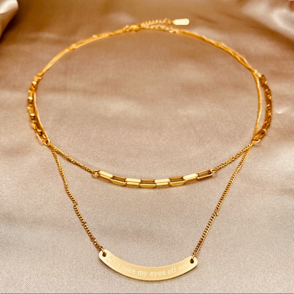 18K Gold Dainty layered necklace Curved Bar Engraved Can’t take my eyes off you. - Picture 9 of 13